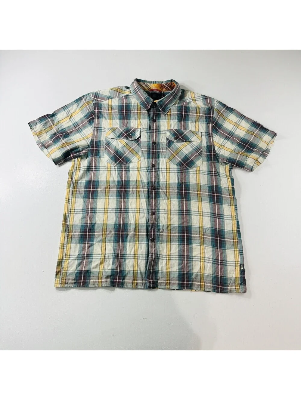 The North Face Button Down Shirt S/S Blue Yellow Plaid Men’s Size Large